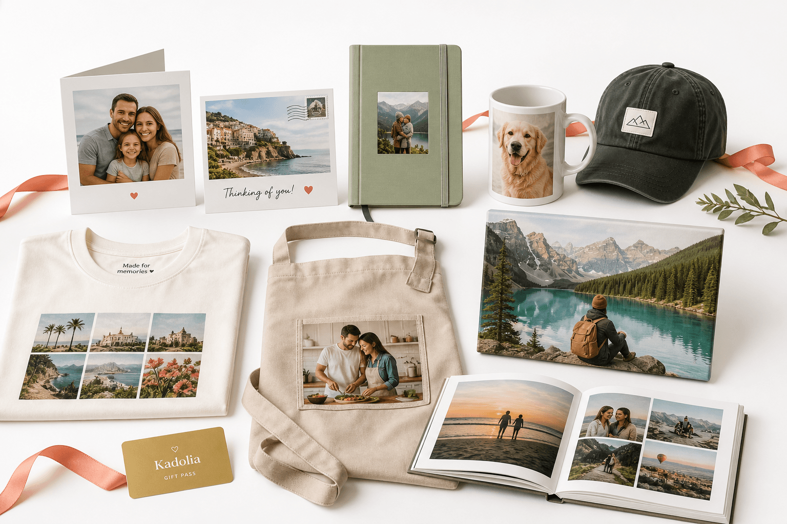 Kadolia personalized cards, mug, journal, hat, shirt, apron, canvas and photo book